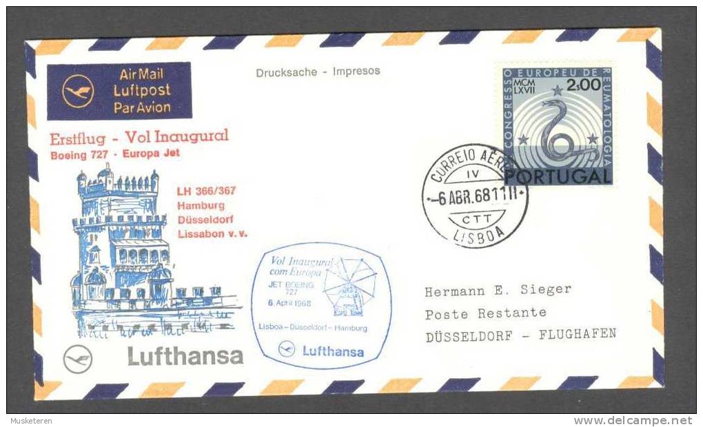 Portugal Airmail Via Aerea Lufthansa Erstflug 1st Flight Vol Inaugural Cover 1968 Lissabon - Düsseldorff Reumatologia - Briefe U. Dokumente