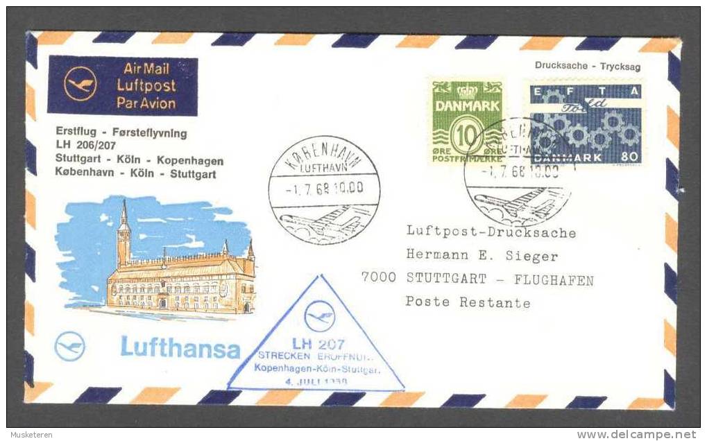 Sweden Airmail Via Aerea Lufthansa Erstflug 1st Flight Førsteflyvning Cover 1968 Kopenhagen - Köln - Stuttgart Germany - Brieven En Documenten
