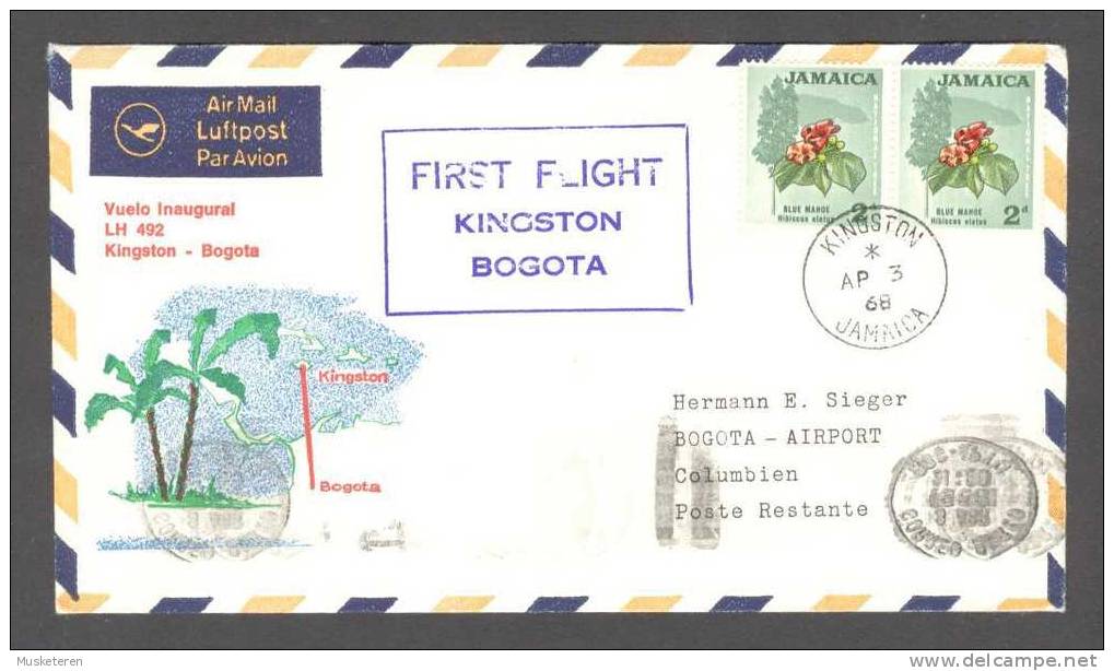 Jamaica Airmail Via Aerea Lufthansa Erstflug 1st Flight Vuelo Inaugural Cover 1968 Kingston - Bogota Colombia - Jamaica (1962-...)
