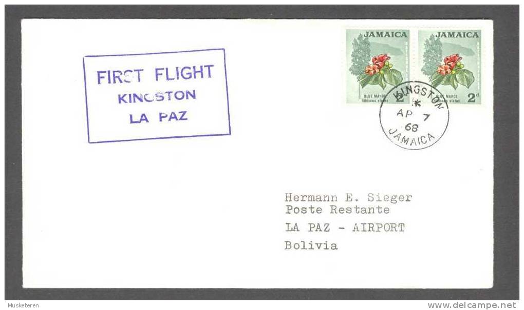 Jamaica Airmail Via Aerea Lufthansa Erstflug 1st Flight Vuelo Inaugural Cover 1968 Kingston - La Paz Bolivia - Sonstige & Ohne Zuordnung