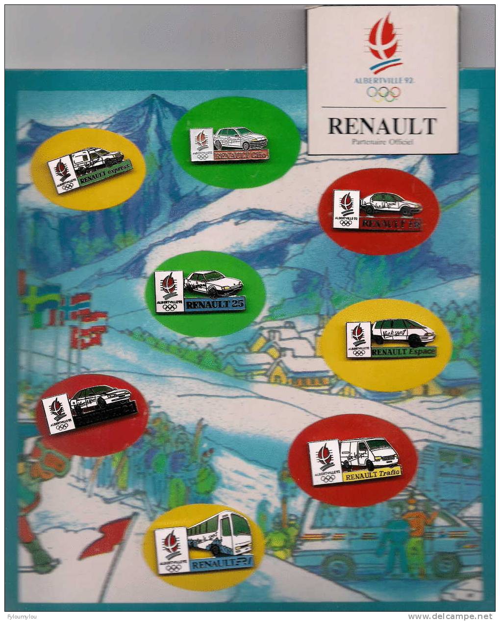 RENAULT - Magnifique Lot De 8 Pin´s Avec Plaquette Publicitaire Renault Pour Les Jeux D´Albertville En 1992 - Renault