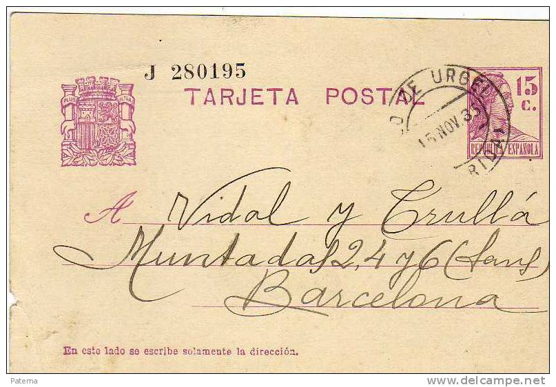 3546  Tarjeta, Entero Postal, Republica,  SEO DE URGEL 1935, (Lerida),Entier Postal - 1931-....