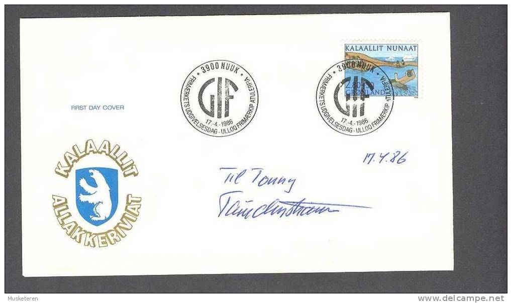 Greenland 1986 FDC Cover Sporthilfe W. Original Signature Of Creating Artist Thue Christiansen SCARCE !! - FDC