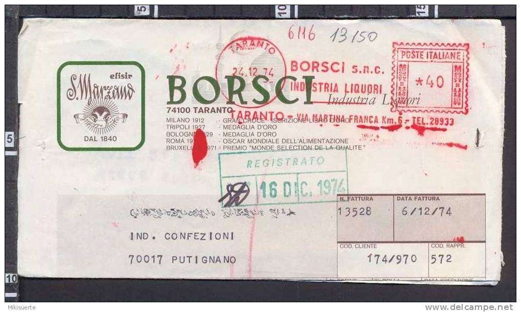 B3481 Affrancatura Meccanica Rossa 1974 BORSCI SNC INDUSTRIA LIQUORI TARANTO Documento Fattura - Macchine Per Obliterare (EMA)