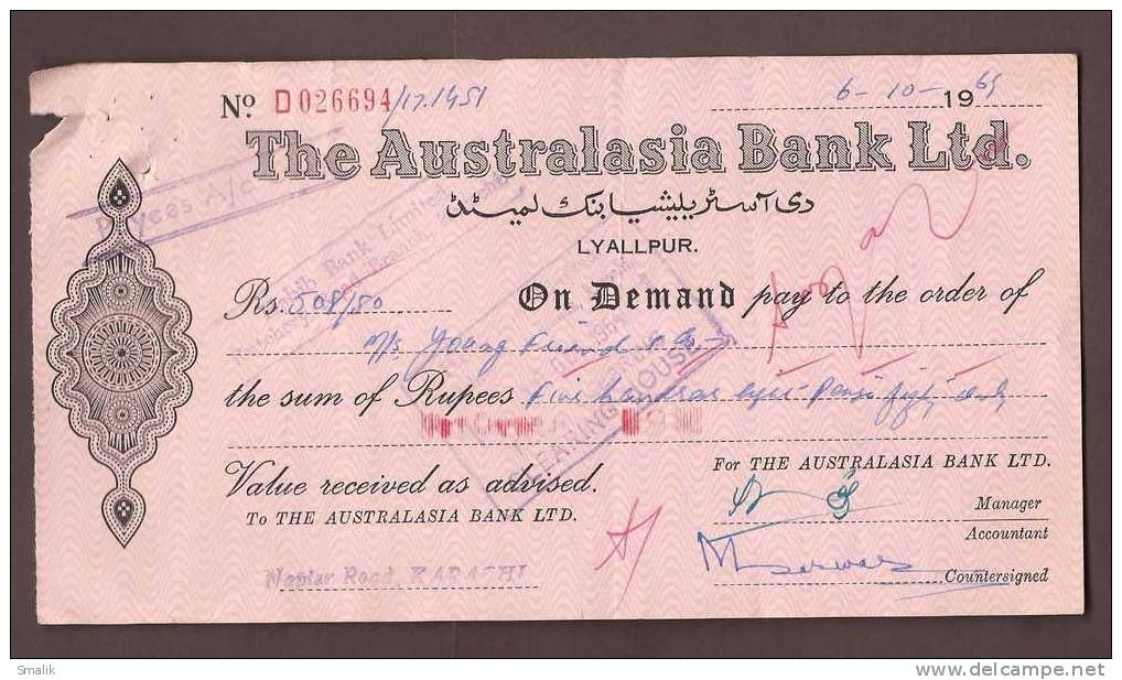 026694 Bank Cheque, The Australasia Bank Ltd. Lyallpur (now Faisalabad) Pakistan, 1965 - Bank & Insurance