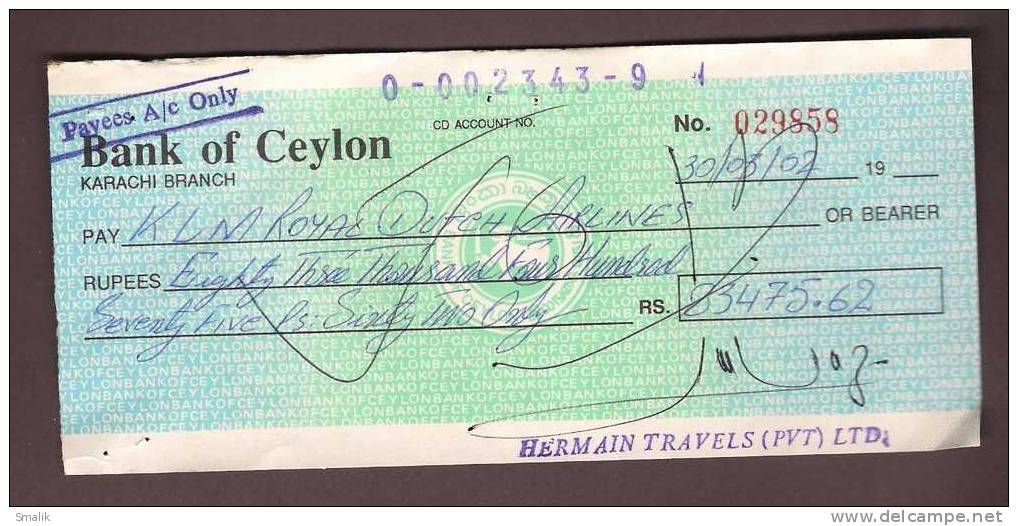 029858 Bank Cheque, Bank Of Ceylon Karachi Branch Pakistan, 2002 - Bank & Insurance