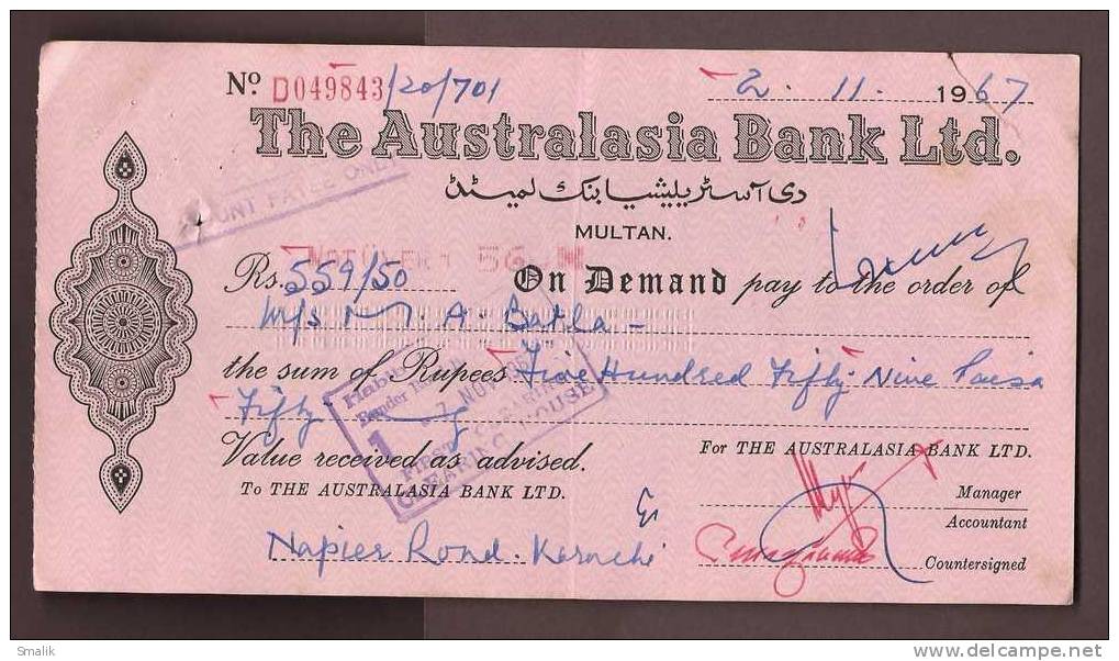 049843 Bank Cheque, The Australasia Bank Ltd. Multan Pakistan, 1967 - Bank & Insurance