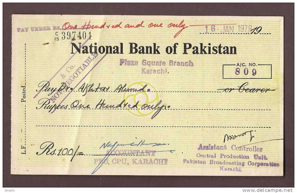 397401 Bank Cheque, National Bank Of Pakistan Karachi, 1978 - Bank & Versicherung