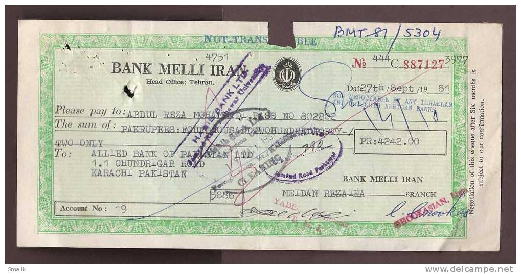 887127 Bank Cheque, Bank Melli Iran, 1981 - Banco & Caja De Ahorros