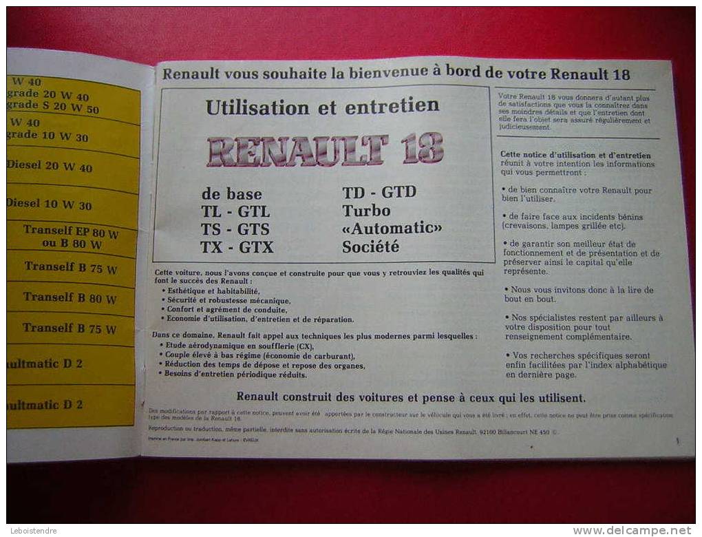 CARNET DE BORD UTILISATION ET ENTRETIEN RENAULT 18 -5 PHOTOS DU CARNET - Auto