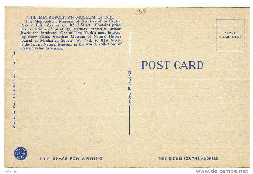 Postal, Museo De Arte, Y  De Historia,  New York, Usa, Post Card, Postkarte - Museos