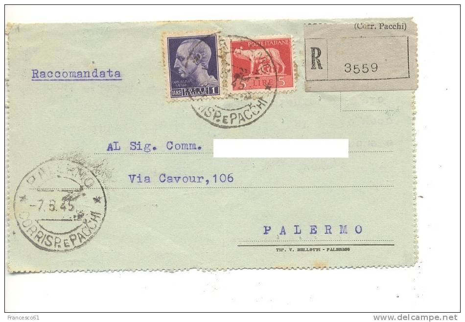 581$$$ 1945 Luogotenenza £1+5 Difettoso Imperiale Senza Fasci Biglietto Postale Raccomandato Distretto - Marcophilie
