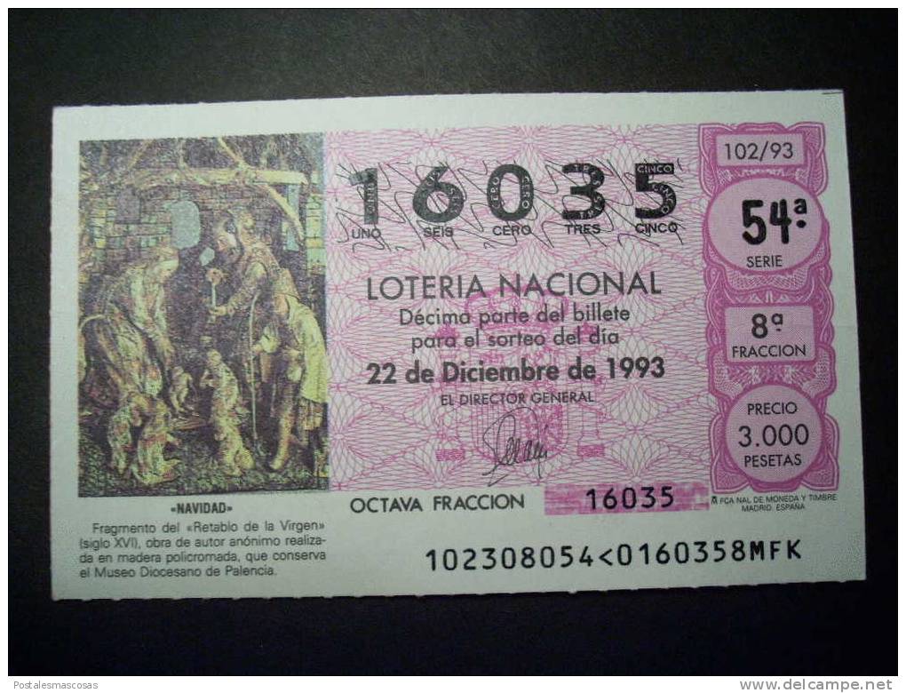 7773 ESPAÑA LOTERÍA NACIONAL LOTERY LOTERIE PALENCIA MUSEO DIOCESANO NAVIDAD AÑO 1993 3000 PESETAS - TENGO MÁS LOTERÍA - Billetes De Lotería