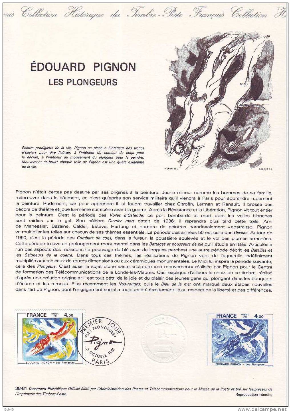 (875-1981) Document Officiel De La Poste Edouard Pignon Les Plongeurs (N° 38-81) - Documentos Del Correo