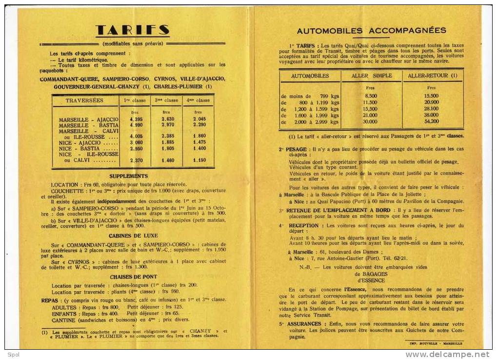 Compagnie Générale Transatlantique - Lignes De Corse - Tarifs Des Passages Bateau  Au 14 Juin  1954 - Altri & Non Classificati