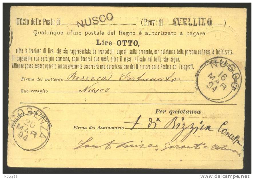 CARTOLINA VAGLIA  DA  LIRE 8 DEL 1894 DA  NUSCO A COSENZA. RARA!!! - Postwaardestukken