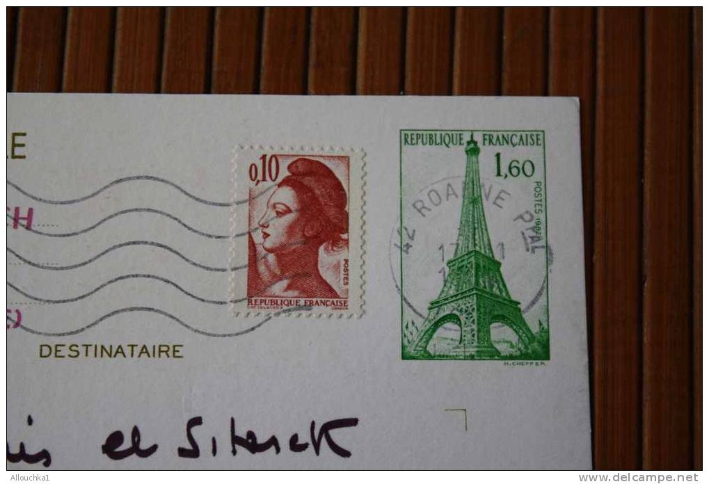 ENTIER POSTAUX CARTE POSTALE TOUR EIFEL Types Et TSC (avant 1995 + TIMBRE AJOUTE VOYAGé DE ROANNE POUR PARIS - Overprinter Postcards (before 1995)