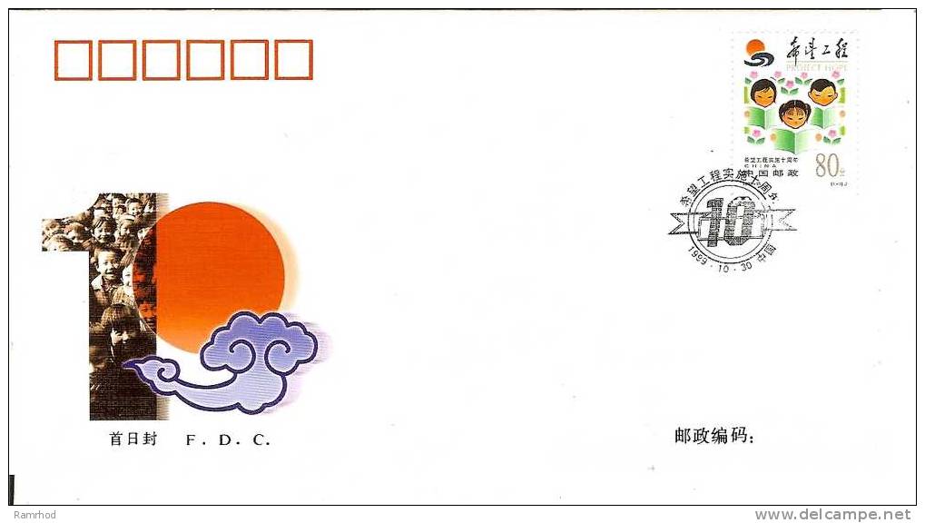 CHINA 1999 10TH ANNIVERSARY OF THE IMPLEMENTATION OF PROJECT HOPE (2 SCANS) - Brieven En Documenten