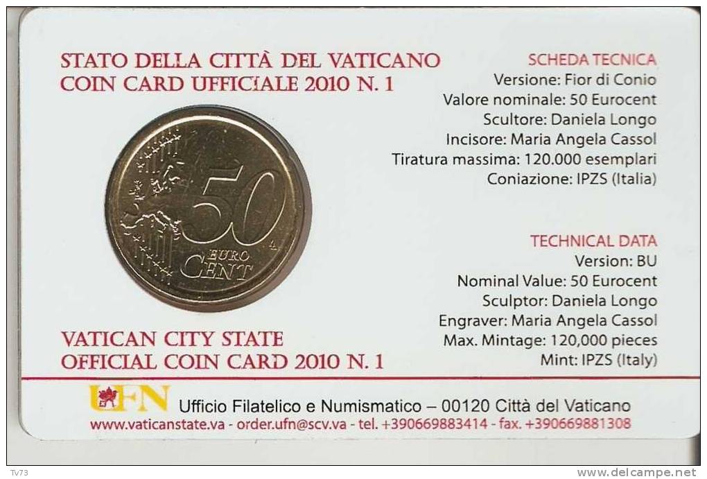 VATICAN  City Coin Card 2010 N°1 ( 50 C)   (ref  : Piece 010) - Vatican