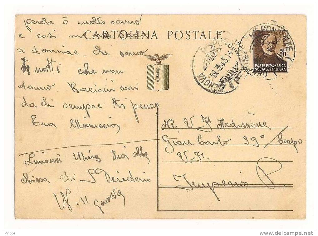 INTERO POSTALE REPUBBLICA SOCIALE VIAGGIATO - Stamped Stationery