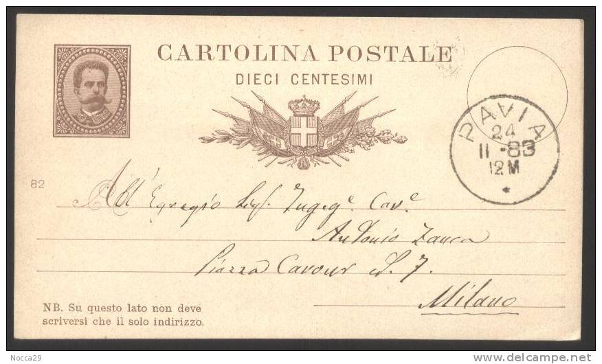 RARA  CARTOLINA POSTALE DEL 1883 DA PAVIA A MILANO - Stamped Stationery