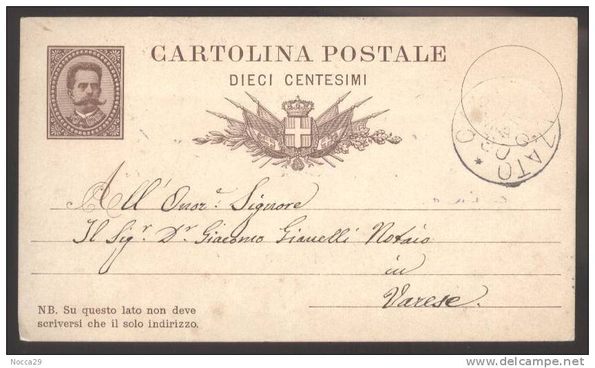 RARA  CARTOLINA POSTALE DEL 1880  DA  CASTREZZATO A VARESE. - Stamped Stationery