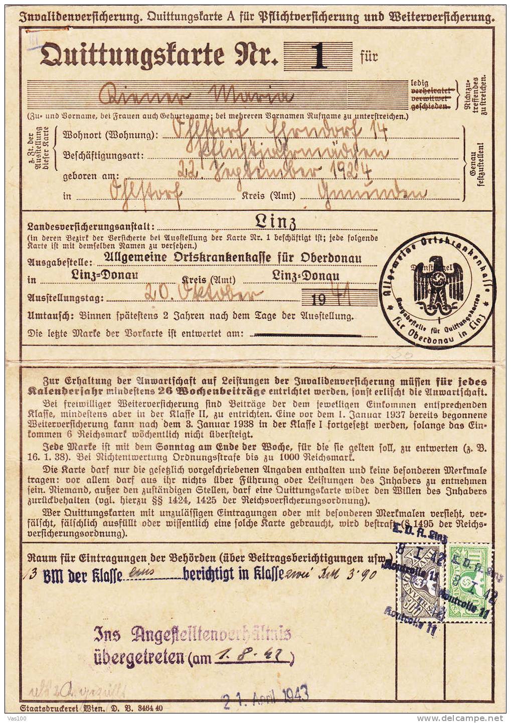 Invalidenversicherung.Dui Ttungscarte  Linz 1941-43 Germany 44 Stamps Invalidenvers!! - First Aid