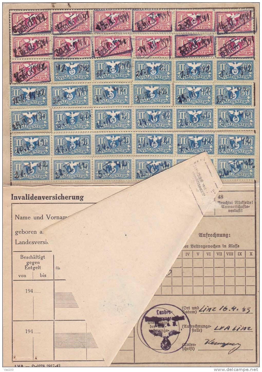 Invalidenversicherung.Dui Ttungscarte  Linz 1941-43 Germany 44 Stamps Invalidenvers!! - First Aid