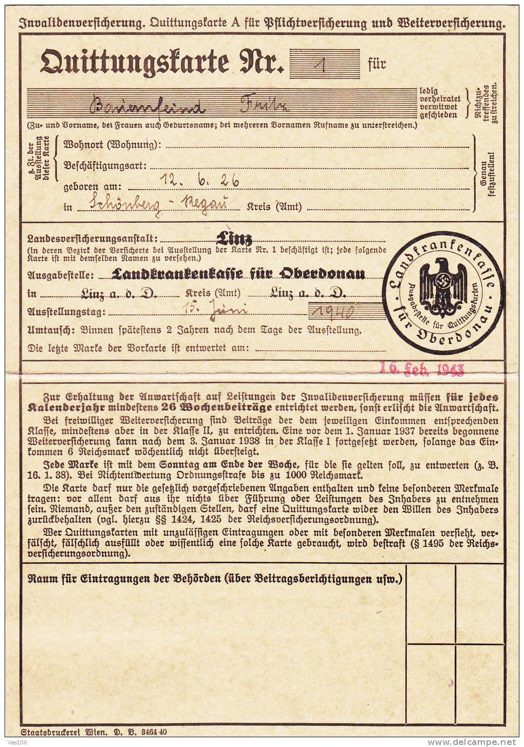 Invalidenversicherung.Dui   Ttungscarte  Linz 1939-43 Germany 10 Stamps Invalidenvers!! - First Aid