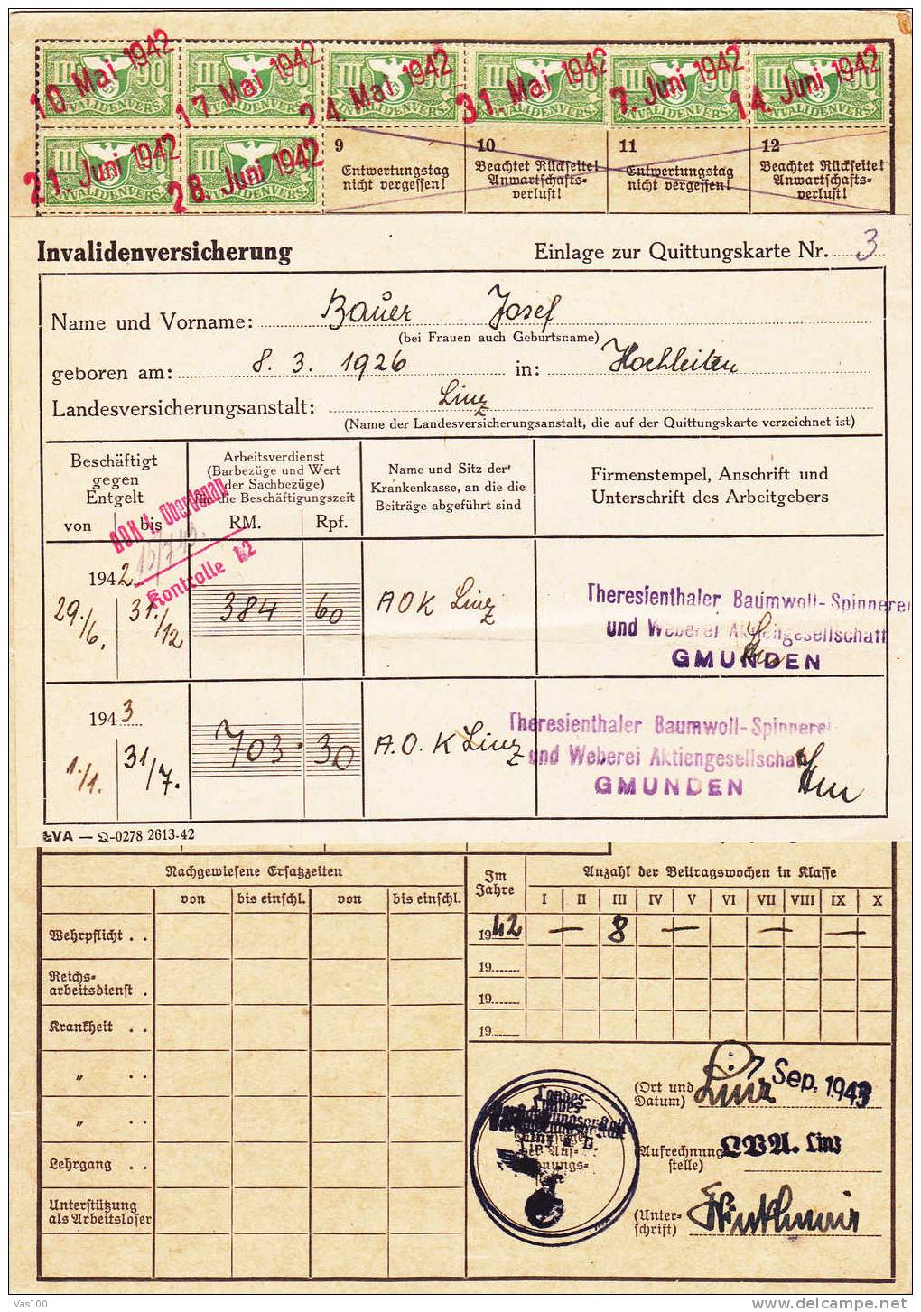 Invalidenversicherung.Qui Ttungskarte    Linz 1942-43 Germany  8 Stamps Invalidenvers!! - Otros & Sin Clasificación