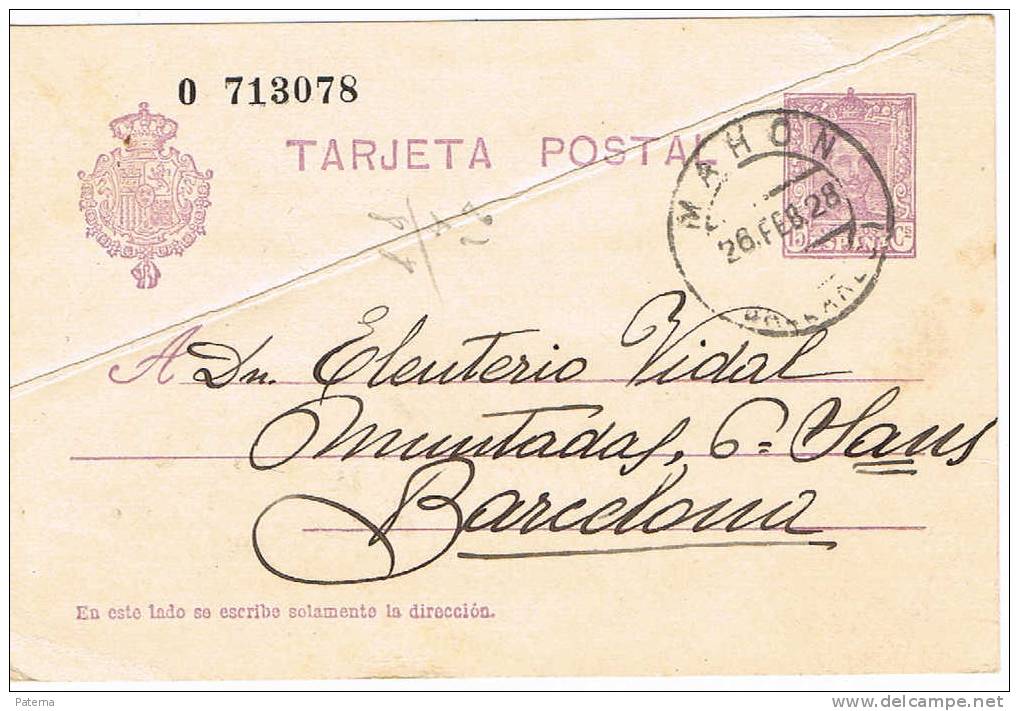 3546   Entero Postal, MAHON , Alfonso Xll, 1928, España - 1850-1931