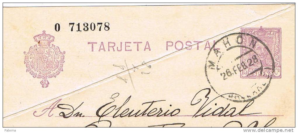 3546   Entero Postal, MAHON , Alfonso Xll, 1928, España - 1850-1931