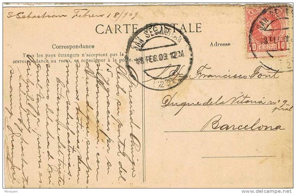 6611. Postal SAN SEBASTIAN 1909. Alfonso XIII Cadete - Covers & Documents