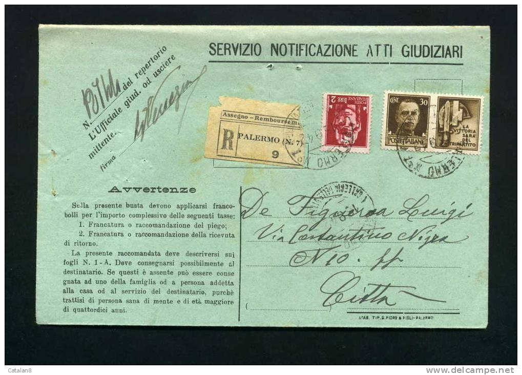 S2132 STORIA POSTALE REGNO PROPAGANDA GUERRA C. 30 + L. 2 IMPERIALE SU RACCOMANDATA NOTIFICA ATTI GIUDIZIARI - Oorlogspropaganda