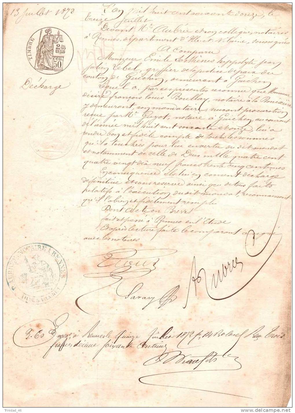 GUICHEN 35  ( VIEUX  PARCHEMIN  DE  1872  )   DOCUMENT EXCEPTIONEL  ! ! ! - Manuscrits