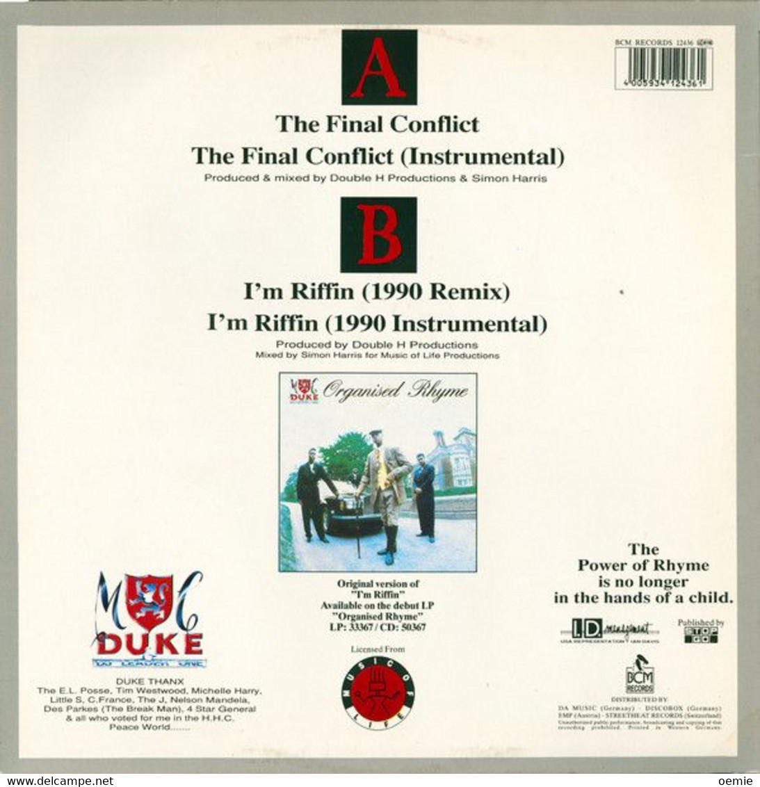 M C DUKE  °°  THE FINAL CONFLICT    I' M RIFFIN 1990 REMIX - 45 T - Maxi-Single