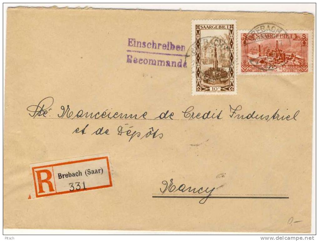 Saar 1930, Eingeschriebener Brief Von Brebach Nach Nancy, Frankreich - Sonstige & Ohne Zuordnung