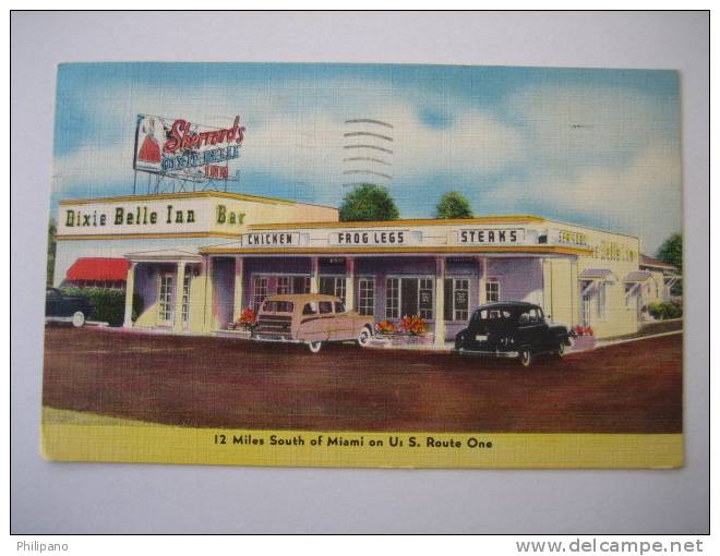 Dixie Belle Inn   12 Mile South Miami Fl      Frog Legs     Linen  1952 - Miami