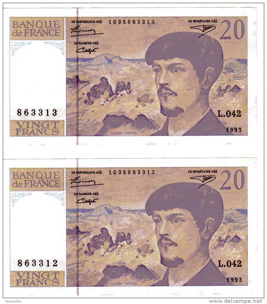 BILLET FRANCE - P.151g - 20 FRANCS - 1993 - DEBUSSY - 2 BILLETS - L.042 - 863312 ET 863313 - NEUF - 20 F 1980-1997 ''Debussy''