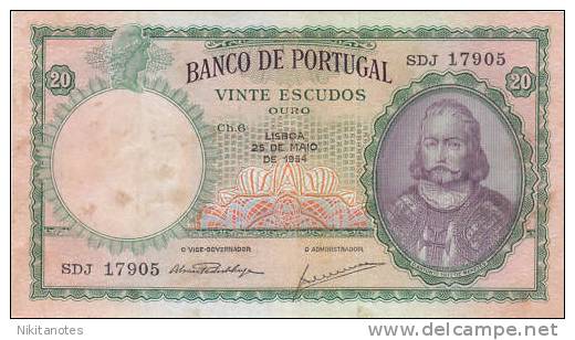 Portugal 20 Escudos 1954 F BANKNOTE - Portugal