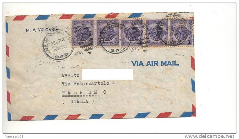 613$$$ 1946 Usa Italia Lettera Via Aerea Mn Vulcania Timbro Arrivo - Briefe U. Dokumente