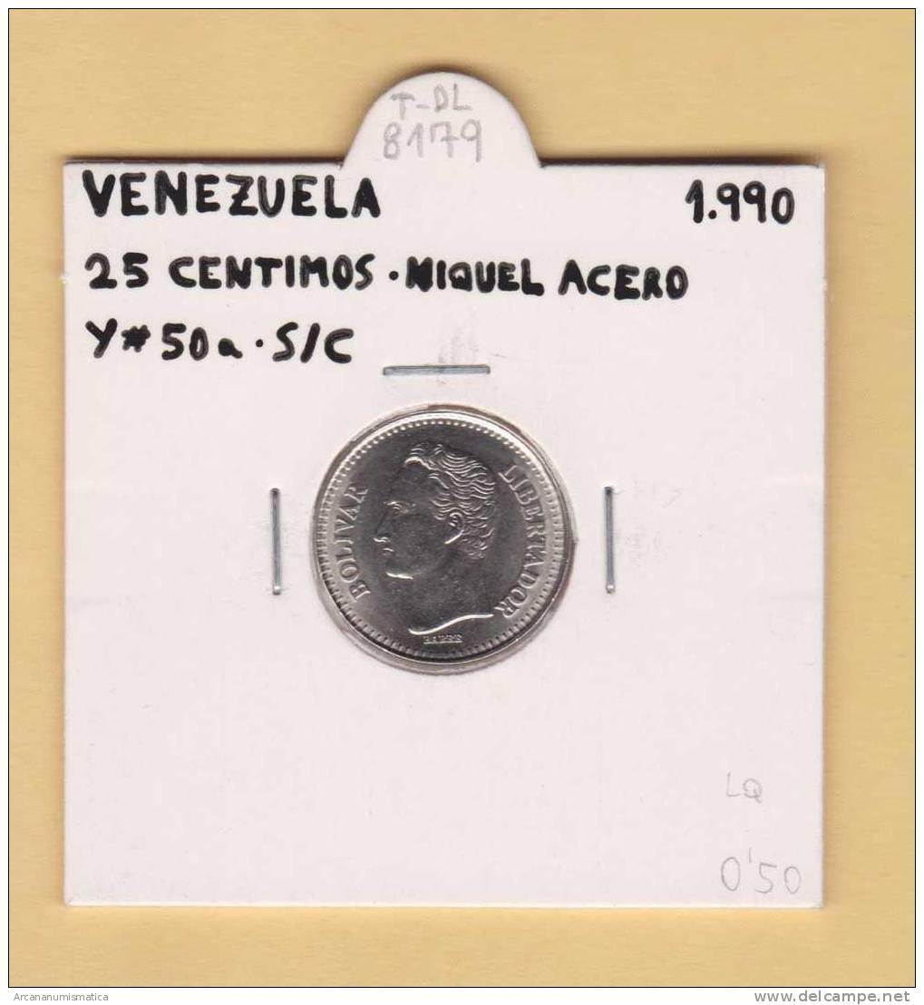 VENEZUELA  25  CENTIMOS  1.990  Niquel Acero   Y#50a  SC/UNC   T-DL-8179 - Venezuela