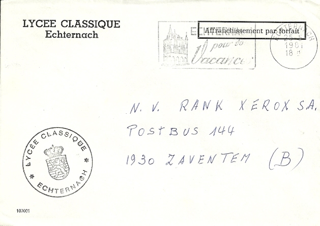 Echternach 1981 / Affranchissement Per Forfait / Lycée Classique - Franking Machines (EMA)