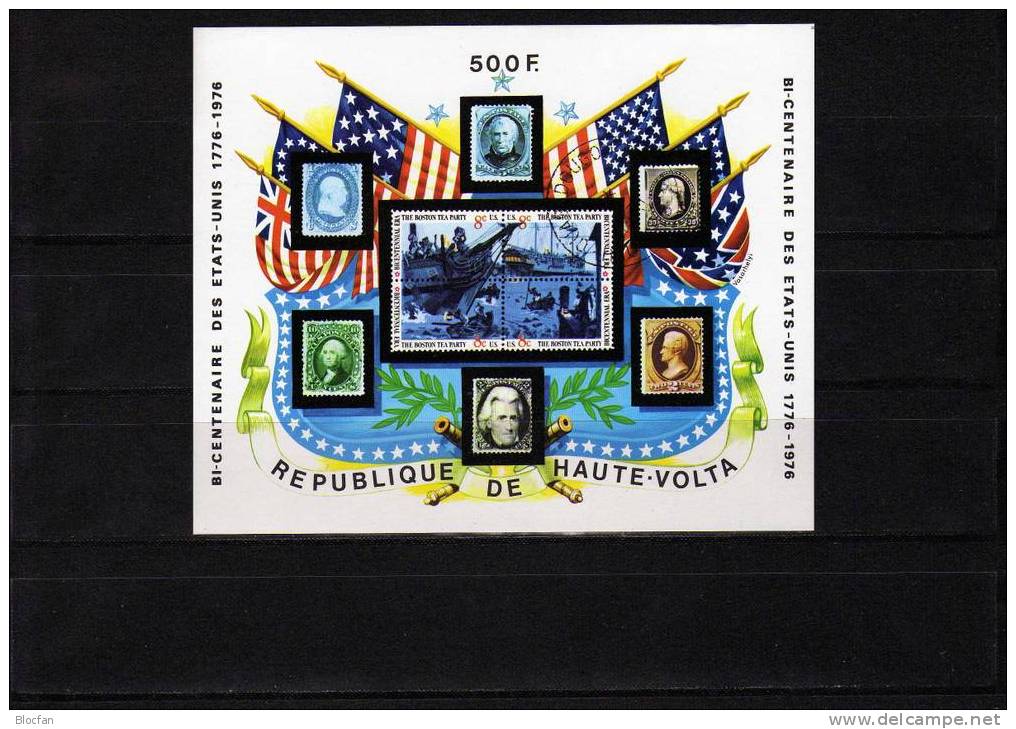 Schiffe Auf Briefmarken 1975 Haute-volta Nach 556 Block 31 O 3&euro; Flagge 200 Jahre USA Präsidenten Ms Sheet Bf Africa - Upper Volta (1958-1984)