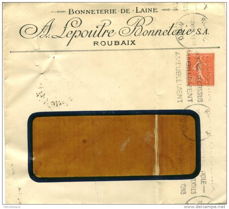 Semeuse 199 Sur Lettre Ets Lepoutre à Roubaix , Pour  Chalon-sur-Saône - 1903-60 Säerin, Untergrund Schraffiert