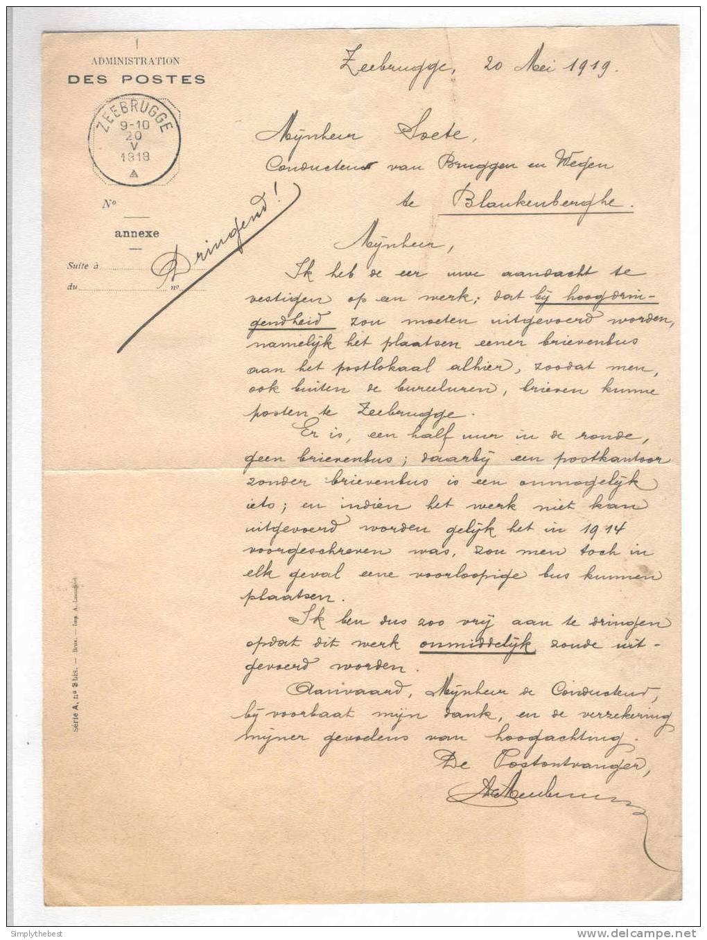 Document Administration Des Postes ZEEBRUGGE 1919 - RARE Demande De Placement D' 1 Boite Aux Lettres  --  169/DT - Post Office Leaflets