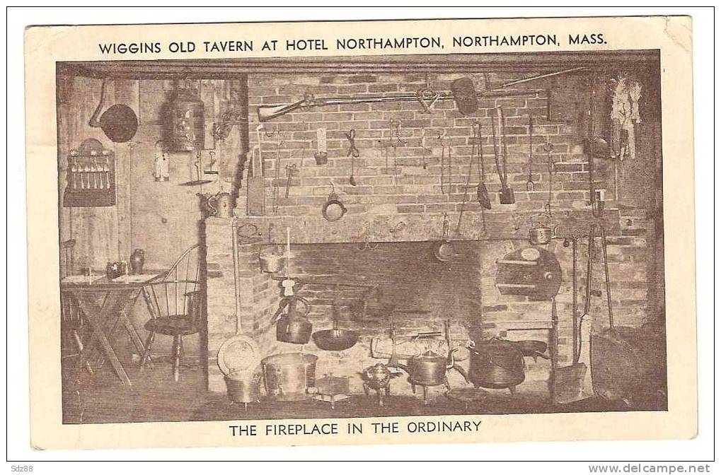 USA  1938 CP Circulée   Wiggins Old Tavern At Hotel Northampton Cheminée Atre Marmites - Northampton