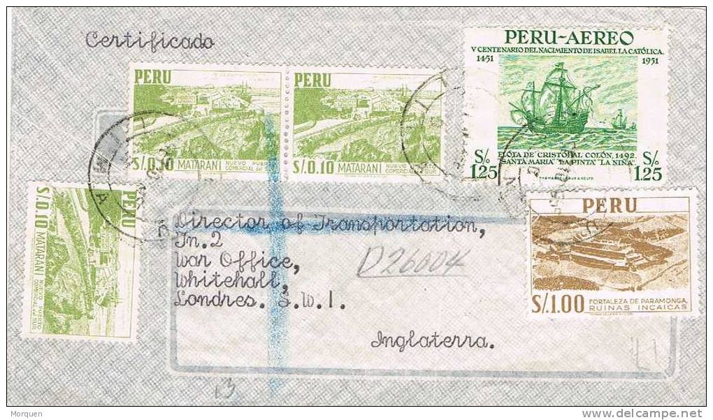 2091. Carta Certificada Aerea  CALLAO (Perú) 1955 A Inglaterra - Peru