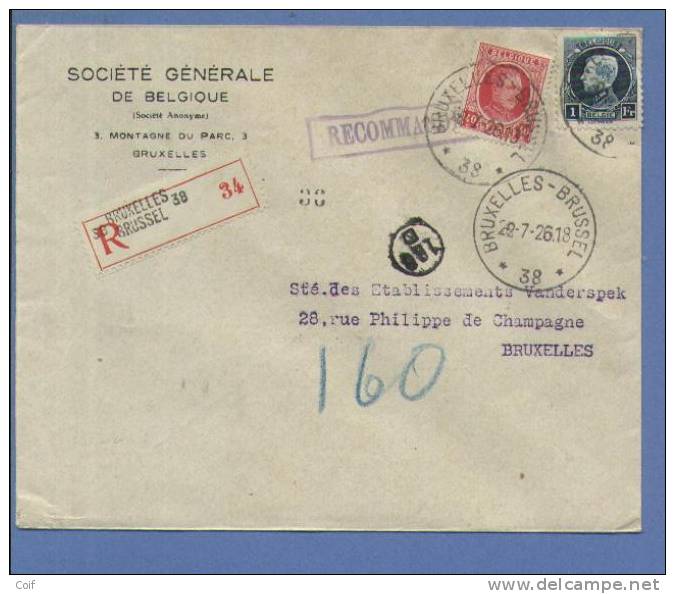 202+215 Op Aangetekende Brief Met Postagentschapstempel (agence) * BRUXELLES 38 BRUSSEL * - 1922-1927 Houyoux