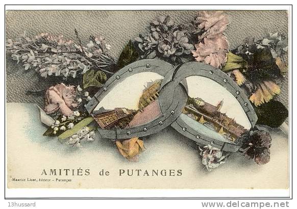 Carte Postale Ancienne Fantaisie Putanges - Amitiés - Multivues, Fleurs, Fer à Cheval - Putanges